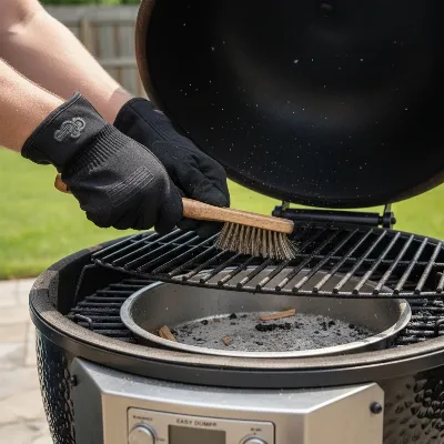 A person cleaning the cast iron grates of a Char-Griller Akorn Auto Kamado after use, demonstrating proper maintenance.