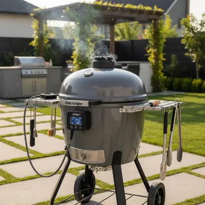 Char-Griller Akorn Auto Kamado with digital controller and side shelves, showcasing its smart features and robust design.