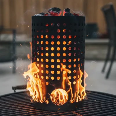 A close-up of a charcoal chimney starter with glowing red coals inside, newspaper burning at the bottom, placed on a grill grate