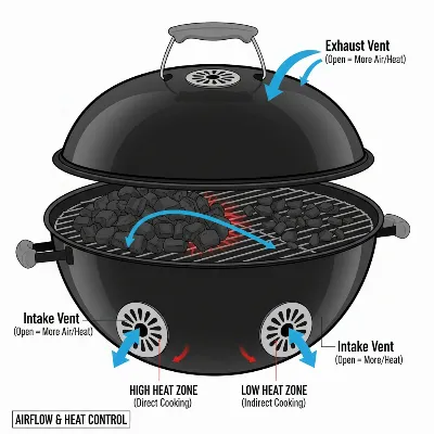Diagram showing charcoal grill airflow and vent positions for temperature control