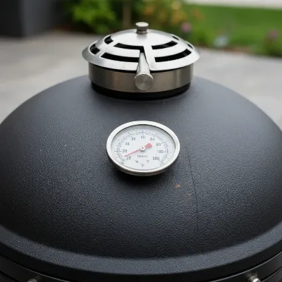 Detail of a charcoal grill showing a thermometer and air vent.