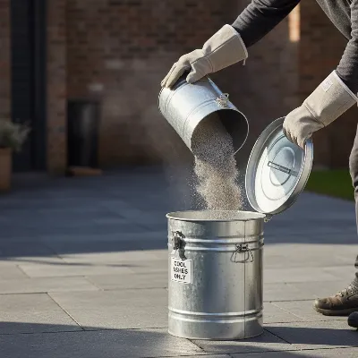 A person safely disposing of cooled charcoal ashes into a metal container with a lid, wearing protective gloves.