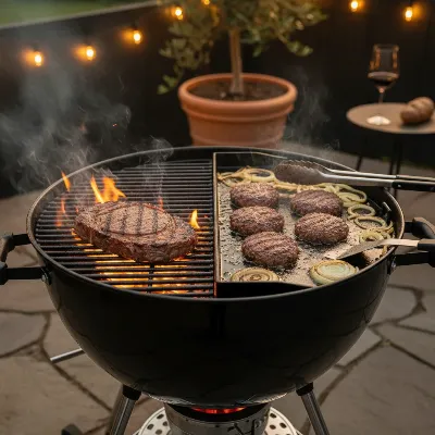 A charcoal grill with a half flat-top griddle insert and half grill grates, cooking burgers and vegetables.
