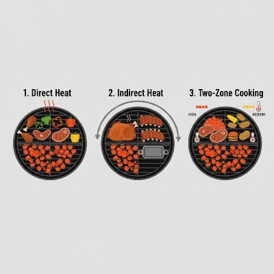 Illustrative guide to charcoal arrangement for direct, indirect, and two-zone grilling