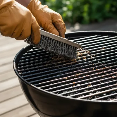 A person meticulously cleaning charcoal grill grates with a wire brush, removing charred residue.
