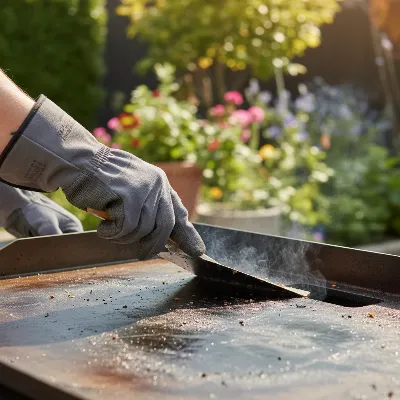 A person meticulously cleaning a hot flat-top griddle surface with a scraper and paper towels.