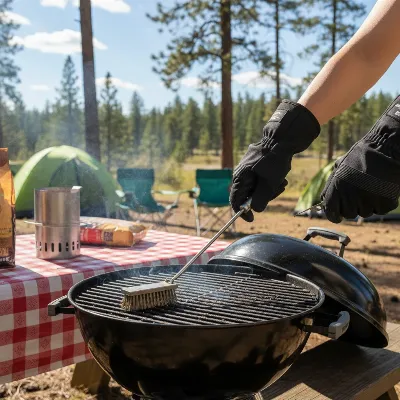 A person cleaning a portable charcoal grill after camping with a brush and water