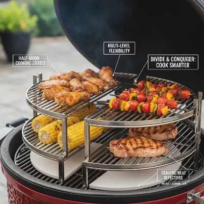 Close-up of the Kamado Joe Divide & Conquer flexible cooking system in use