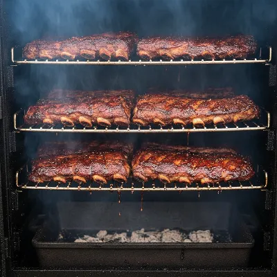 Smoked ribs cooking inside a Dyna-Glo vertical charcoal smoker with visible smoke.