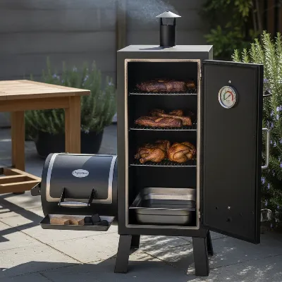 Dyna-Glo vertical charcoal smoker with multiple racks and offset firebox design.