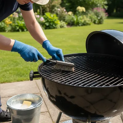 A person cleaning a cooled charcoal grill with a brush and water, emphasizing post-extinguishment maintenance.