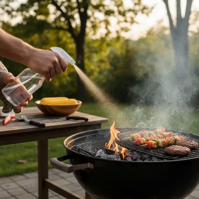 A griller gently spraying a small flare-up on a charcoal grill with a water bottle.