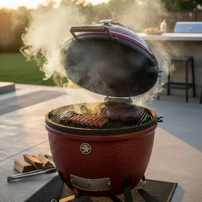 Kamado Joe Classic II charcoal grill smoking food on a patio