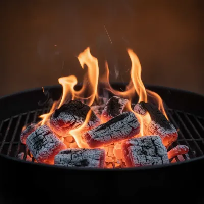 Lump charcoal burning intensely in a grill, ideal for searing steaks
