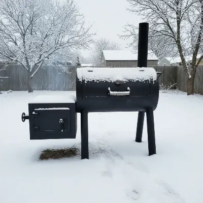 A heavy-duty offset smoker with thick steel construction in a winter setting, emitting smoke.