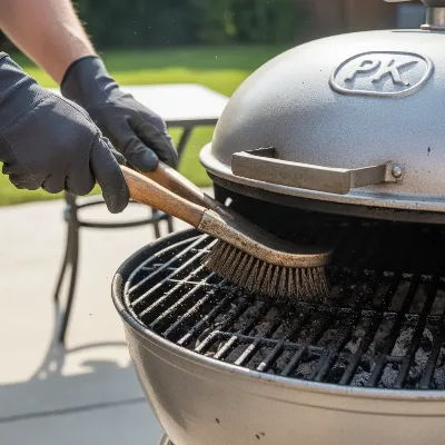 Person cleaning a PK Grills Original charcoal grill after use, emphasizing proper maintenance for durability.