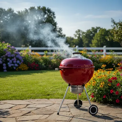 Classic red Weber kettle charcoal grill in a vibrant backyard setting.