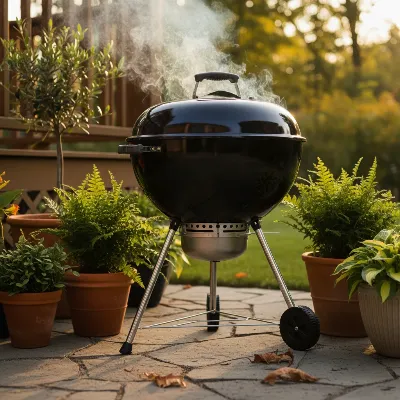 A 22-inch black Weber Original Kettle charcoal grill smoking on a patio with lush green plants under golden hour sunlight, realistic style.